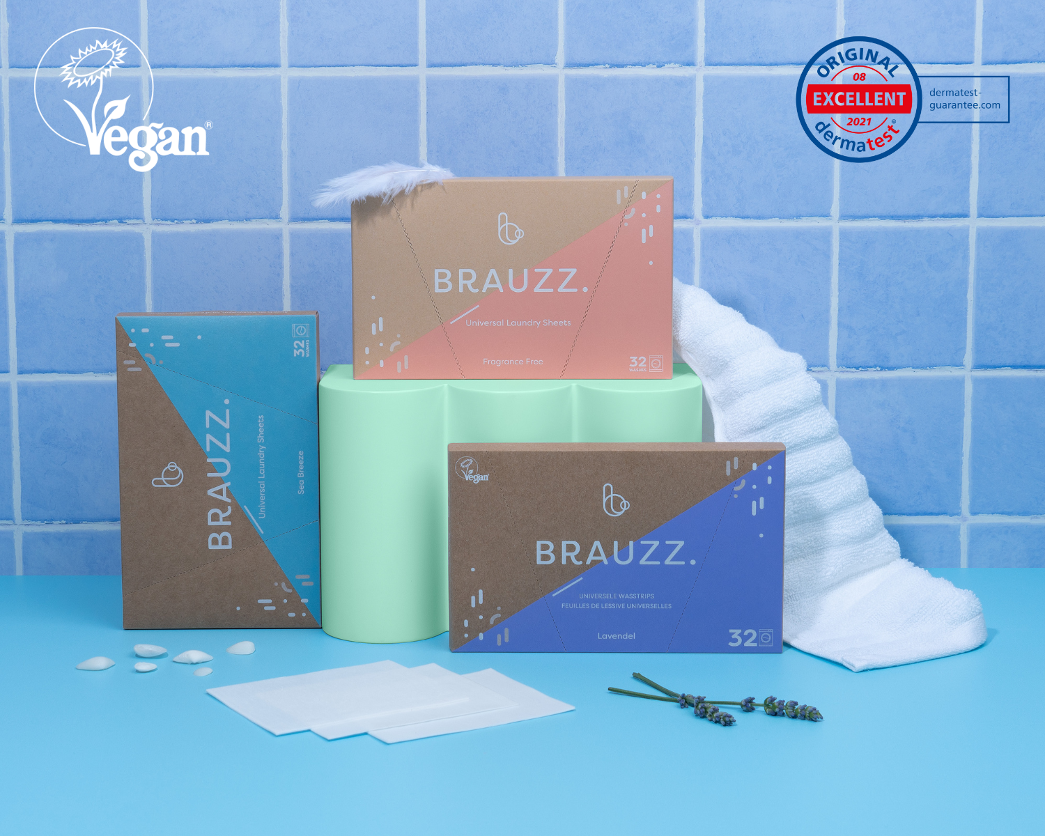 Alle brauzz producten naast elkaar en vegan logo